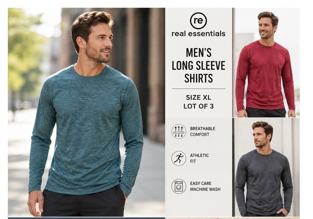 Mens Shirt Lot Size XL Real Essentials Long Sleeve Lot of 3 Athletic Shirts